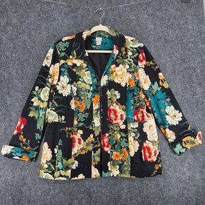 Chico's Floral Blazer Jacket Women's Size 3 (US XL) Black Multi-color
